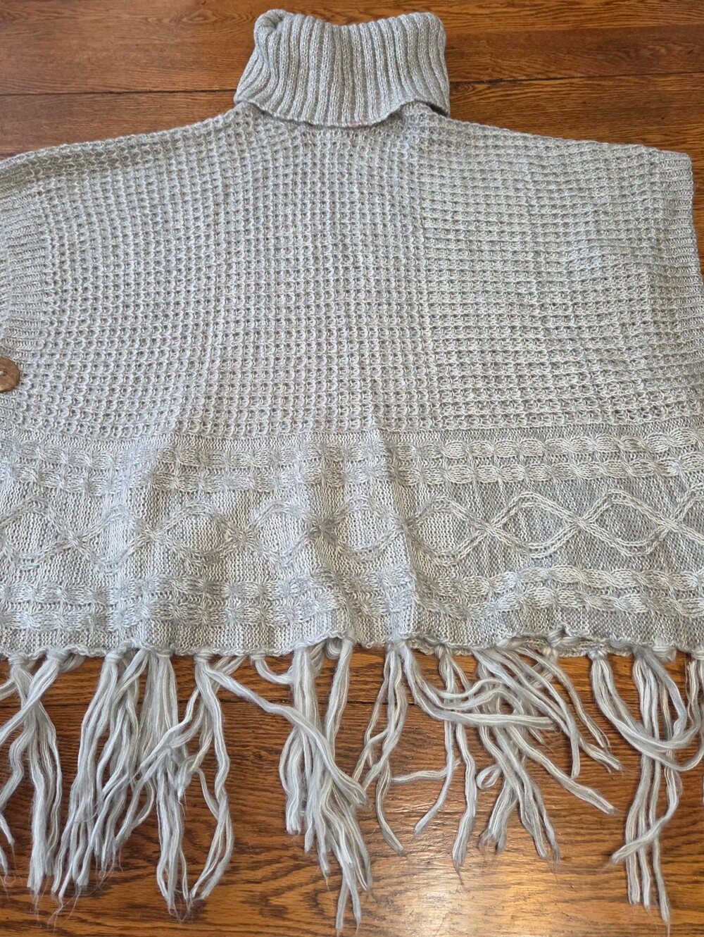Light Gray Turtleneck Fringe Poncho Sweater